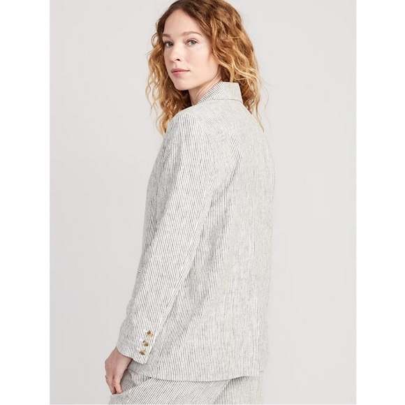 Old Navy Blazer Women's Size S Charcoal Stripe Double Breasted Linen Blend Coat - Picture 8 of 10